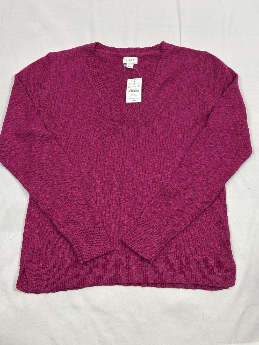 NWT J Crew Long Sleeve V Neck Slub Sweater Fuchsia Cotton Blend Size M Preppy